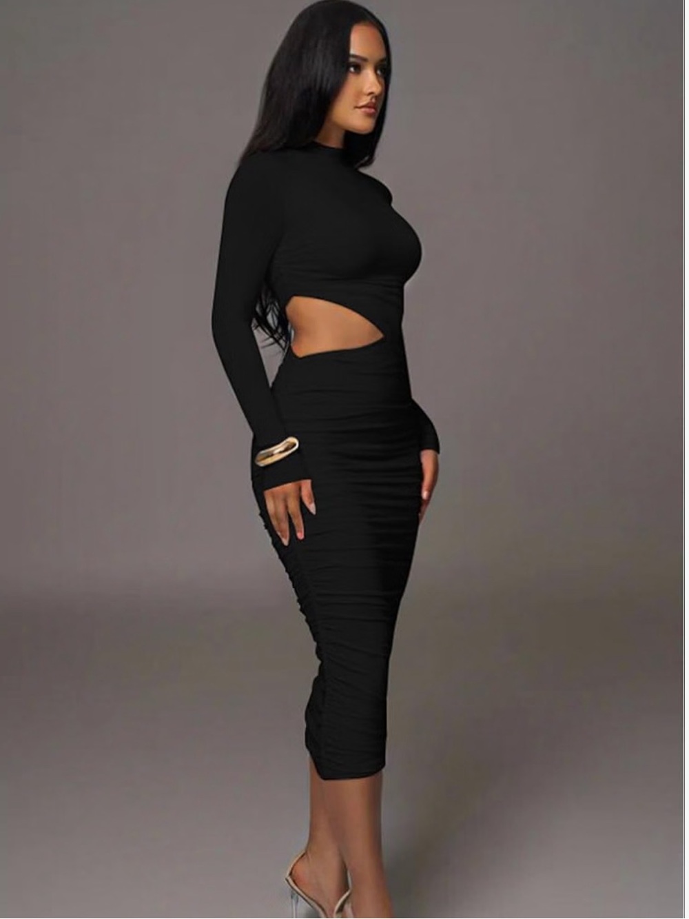 Black Cutout Bodycon Midi Skirt - Women's High-Waist Pencil Skirt